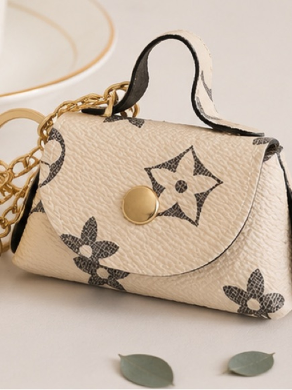 Cream Mini Designer-Inspired Purse Keychain with Tassels